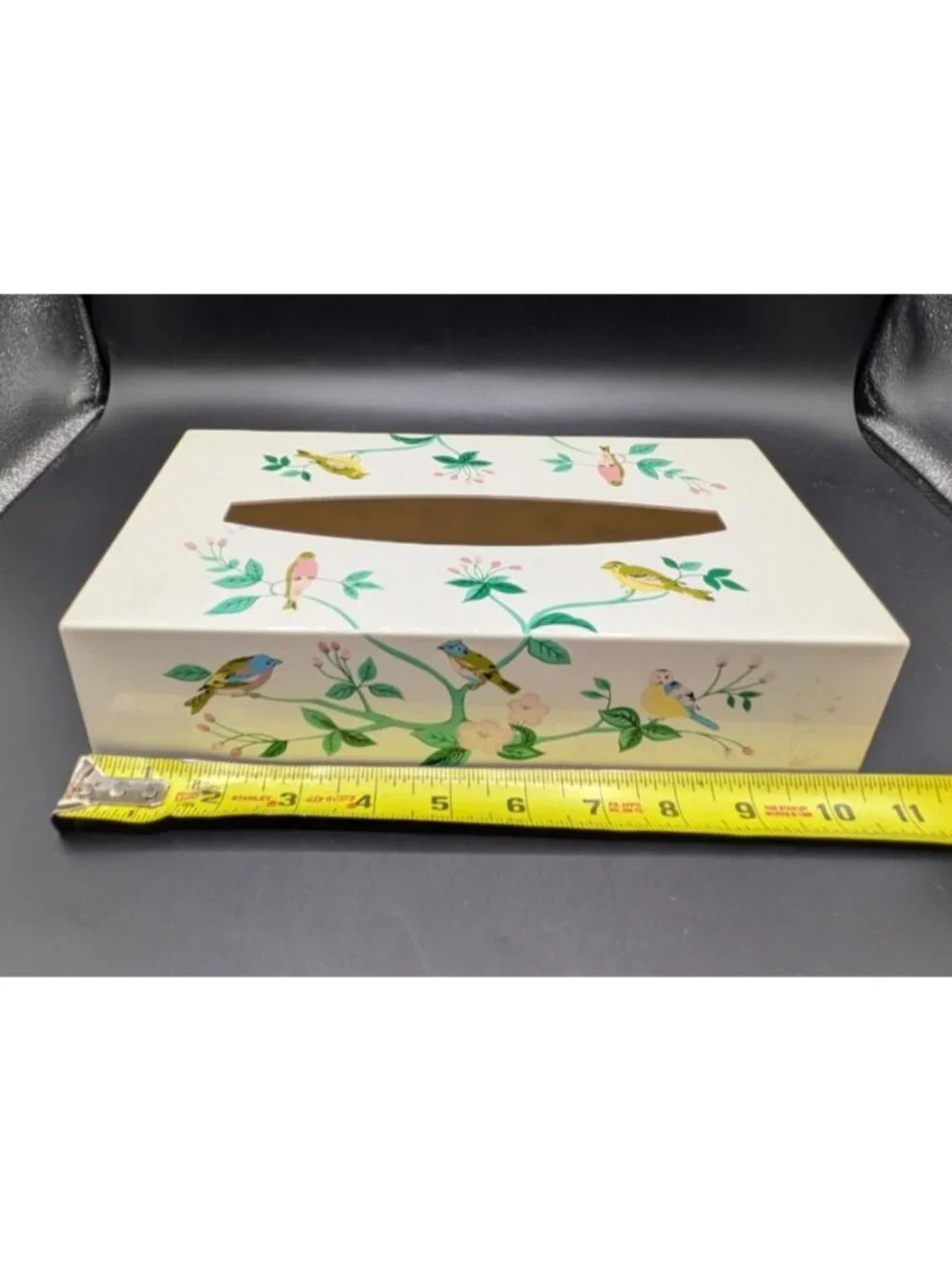 Vintage Tissue Box Cover Birds Flower Branches Floral Hard Plastic Rectangular